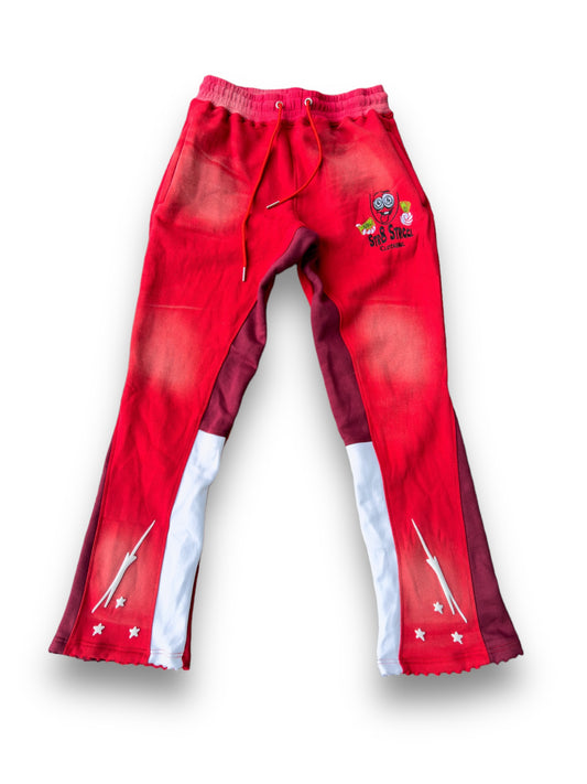 Red distressed flare joggers